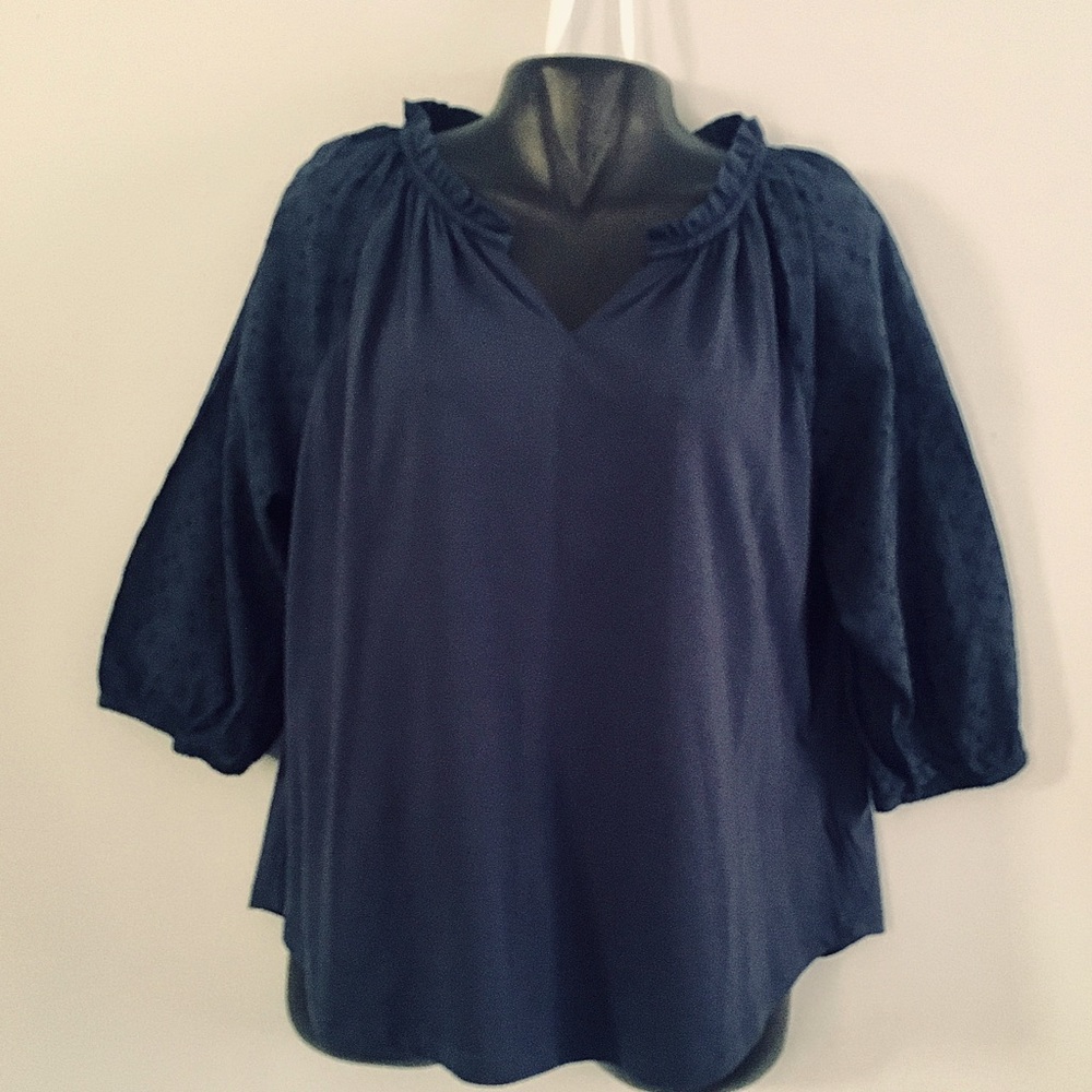 Navy Shirt with Eyelet Balloon Sleeves